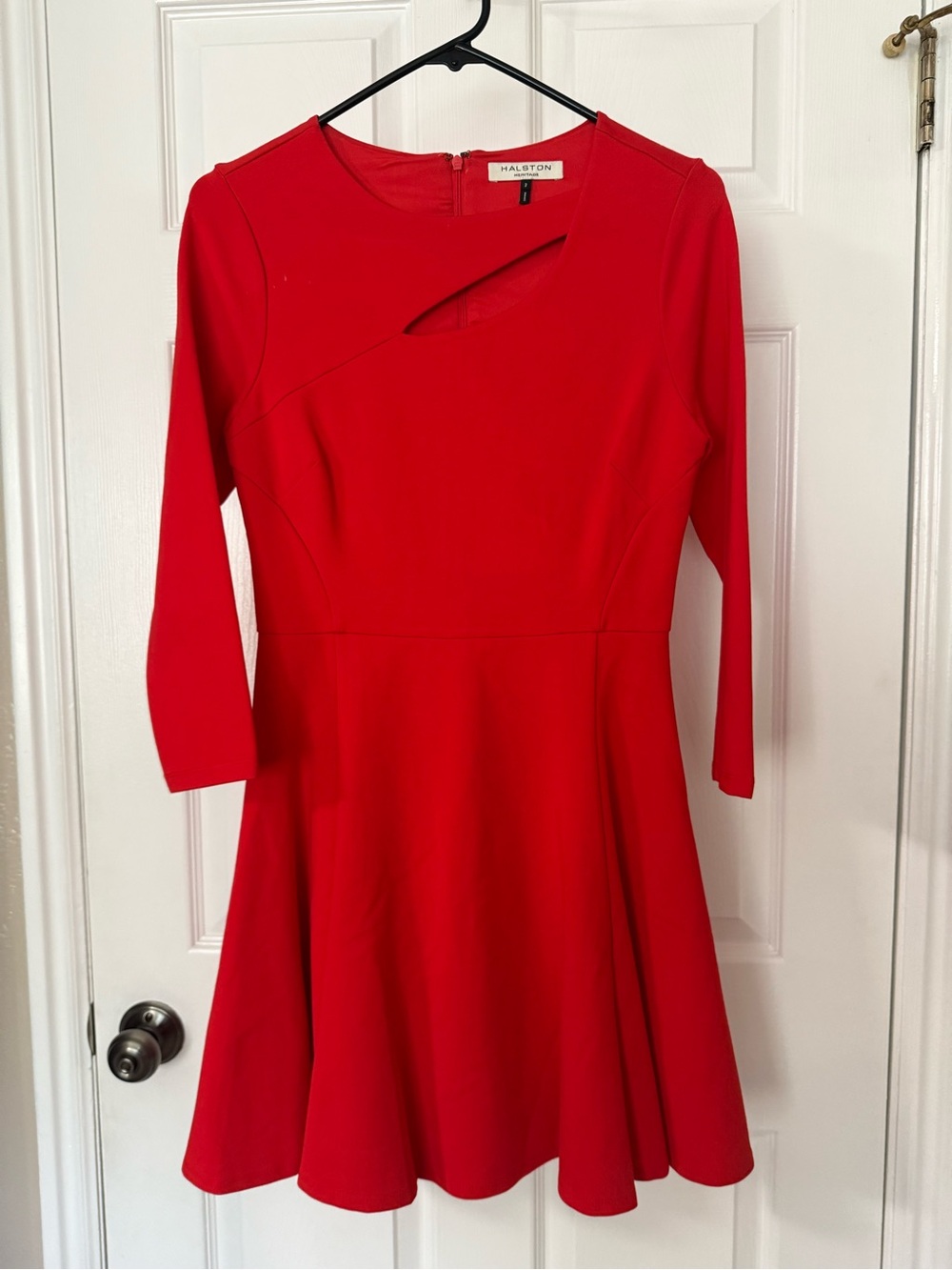 Halston Heritage Red Long-Sleeve Fit-and-Flare Dress with Cutout
